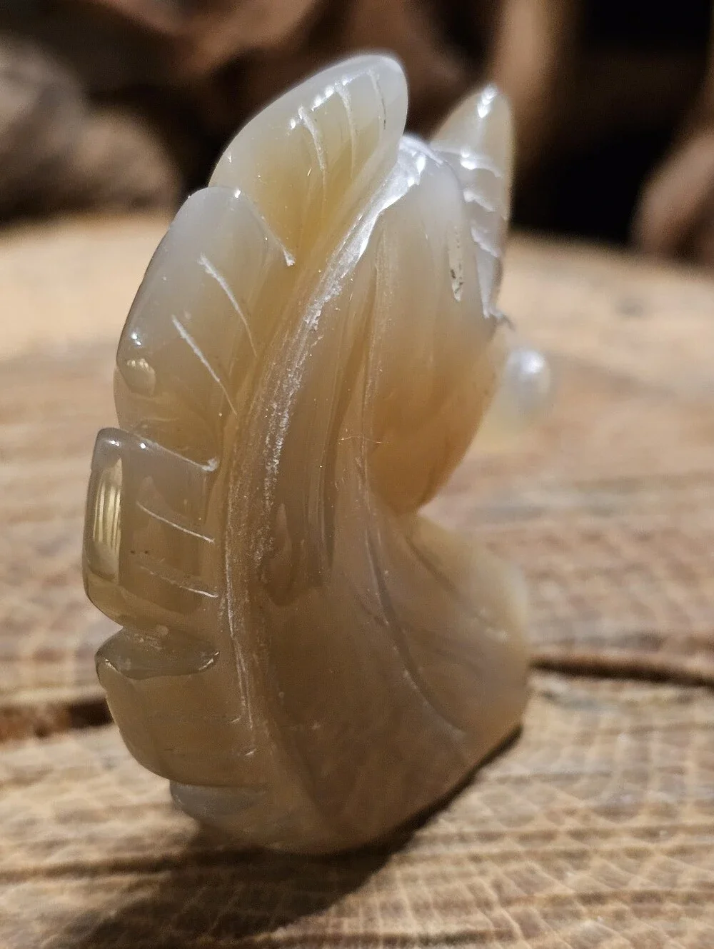 Carved Agate Unicorn Head Figurine in Semi-Translucent Beige With Druzy Crystal
